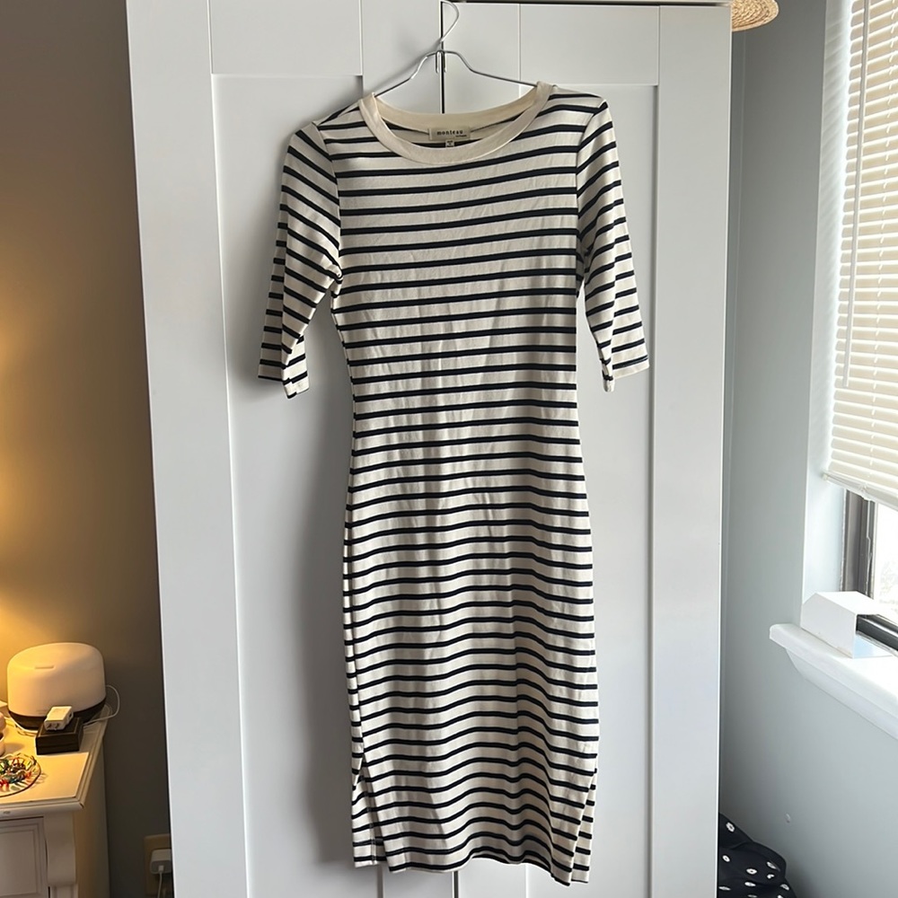 Navy Blue & Cream Parisian body-con dress. Spandex & cotton.